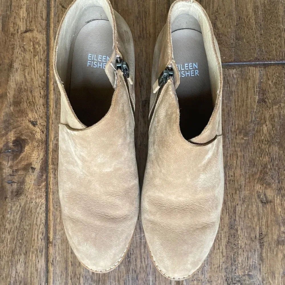 Eileen Fisher Melrose Nubuck Leather Block Heel Booties Women's 7.5 Light Tan